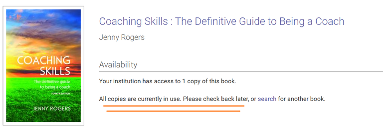 Esimerkkinä ProQuest E-book Centralin e-kirja, jota voi lukea 1 käyttäjä kerrallaan. Koska vapaata lisenssiä ei ole, tietojen yhteydessä on teksti "all copies are currently in use. Please check back later, or search for another book."